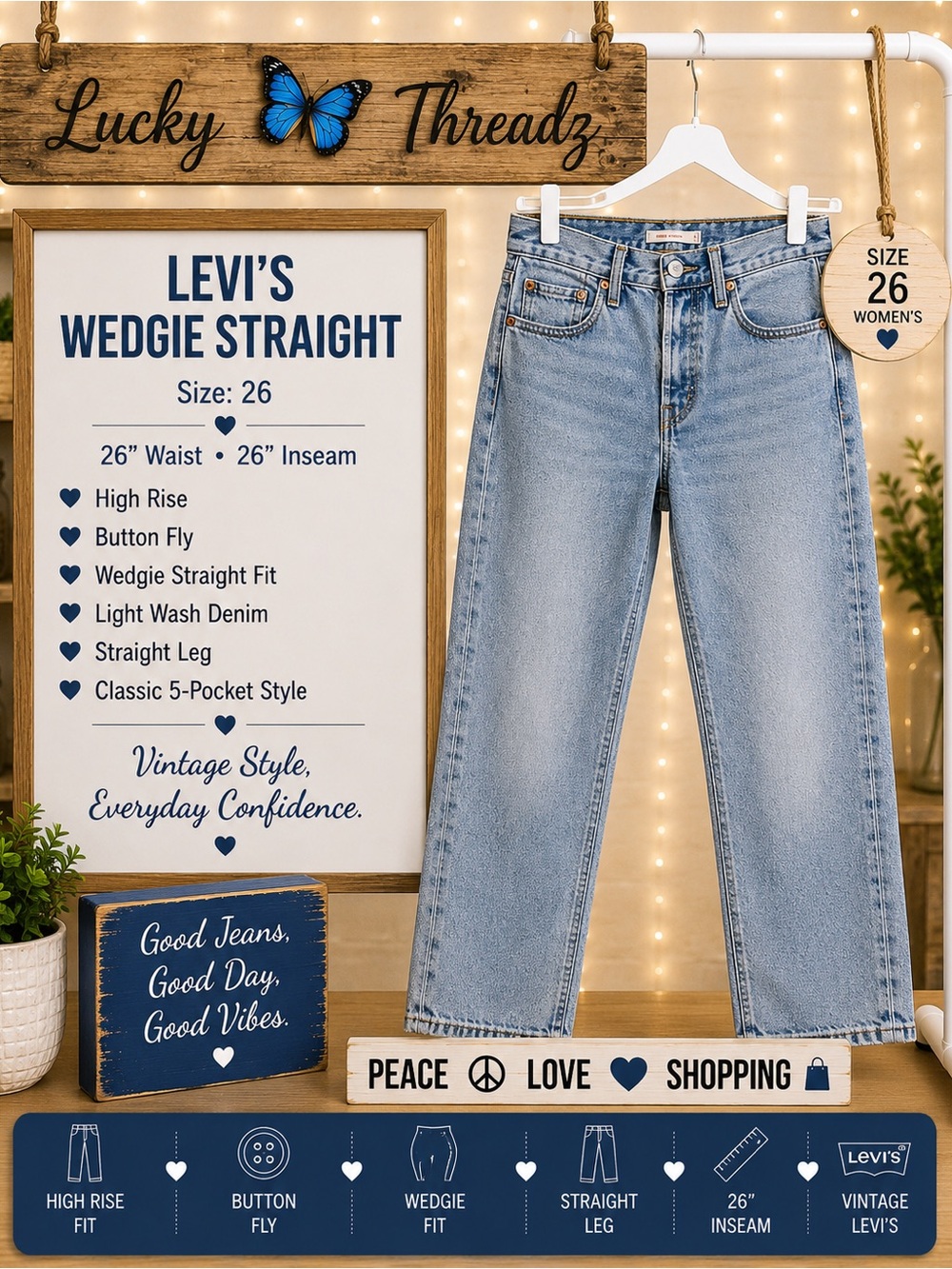 Levi’s Wedgie Straight Jeans Women’s 26x26 High Rise Blue Denim